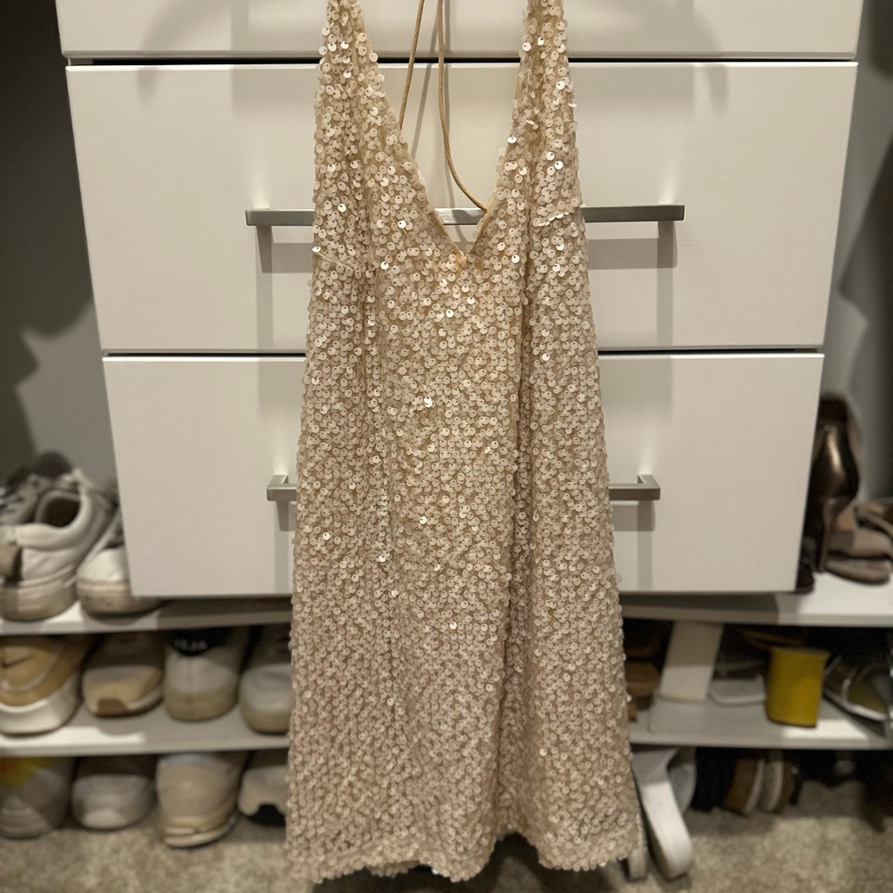 Sequin Halter Dress in Beige